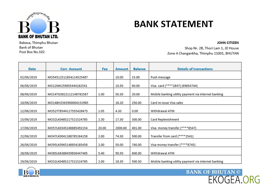 Relevé bancaire de la Banque du Bhoutan du Bhoutan